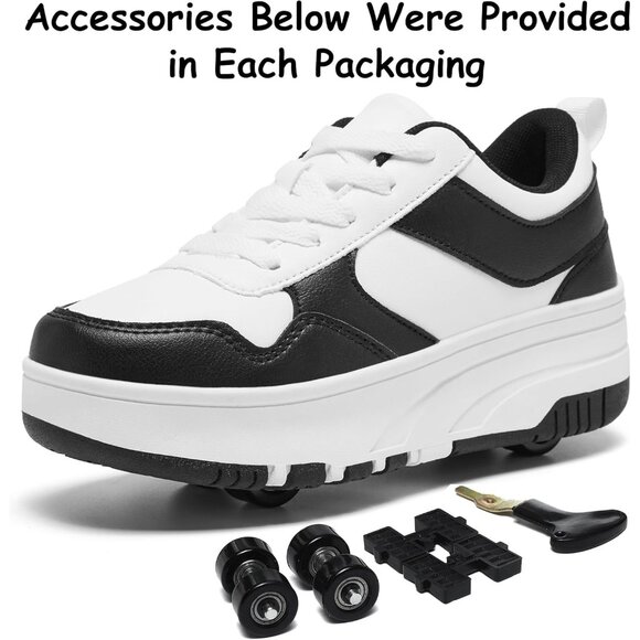 Kids Black-white Detachable Wheeled Fashion Sneakers Roller Skate Shoes - Picture 5 of 5